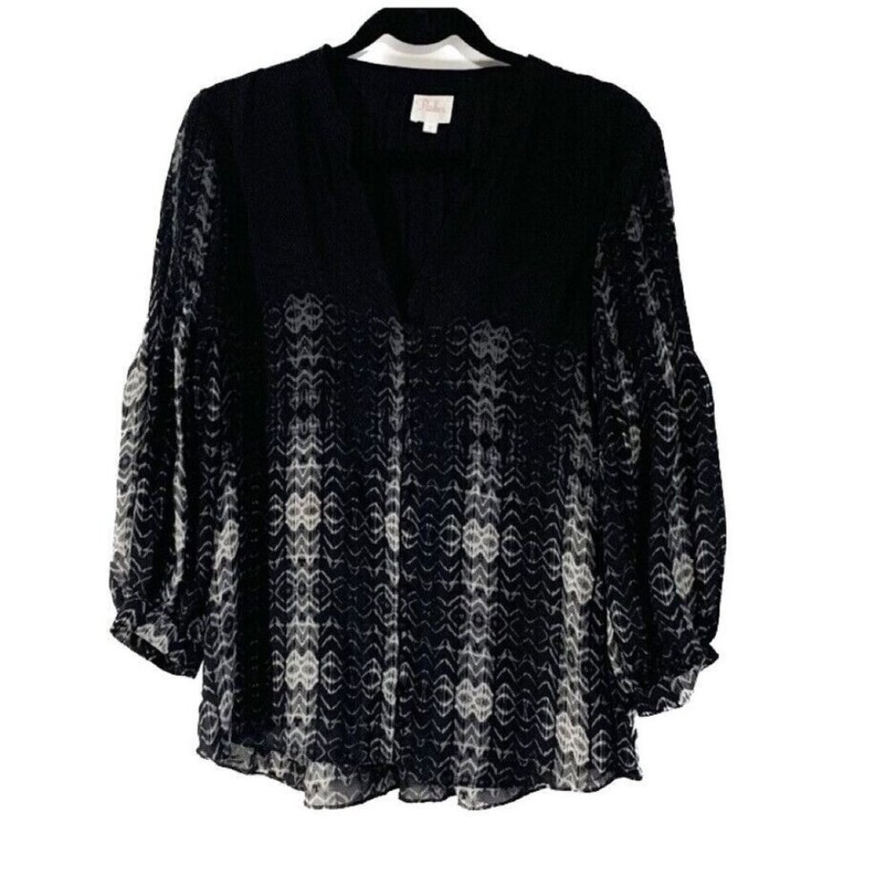 Parker Black Sheer Silk Button Up Top Women Small Long Sleeve Whimsigoth Office